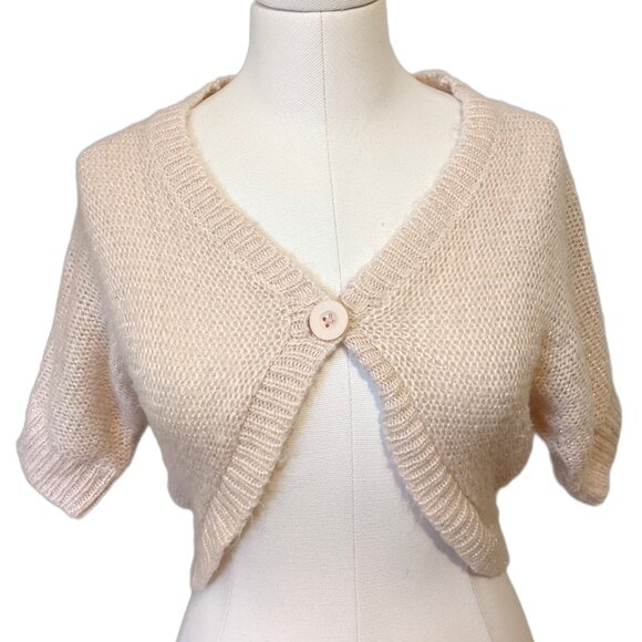 Womens Beige Knit Shrug Cardigan Glitter Fall Girly Elegant Short Sleeve Sz M - Picture 1 of 6